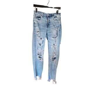 American Eagle Mom Jeans Distressed Light Wash Long High Rise Womens Size 4